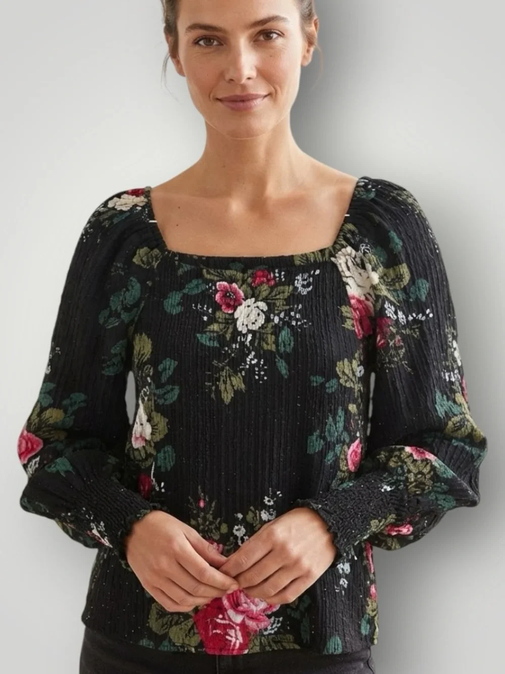Ann Taylor LOFT Floral Square Neck Textured Knit Long Puff Sleeve Top L Black